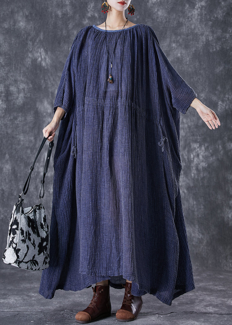 Plus Size Navy Oversized Drawstring Linen Long Smock Dresses Fall