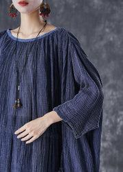 Plus Size Navy Oversized Drawstring Linen Long Smock Dresses Fall