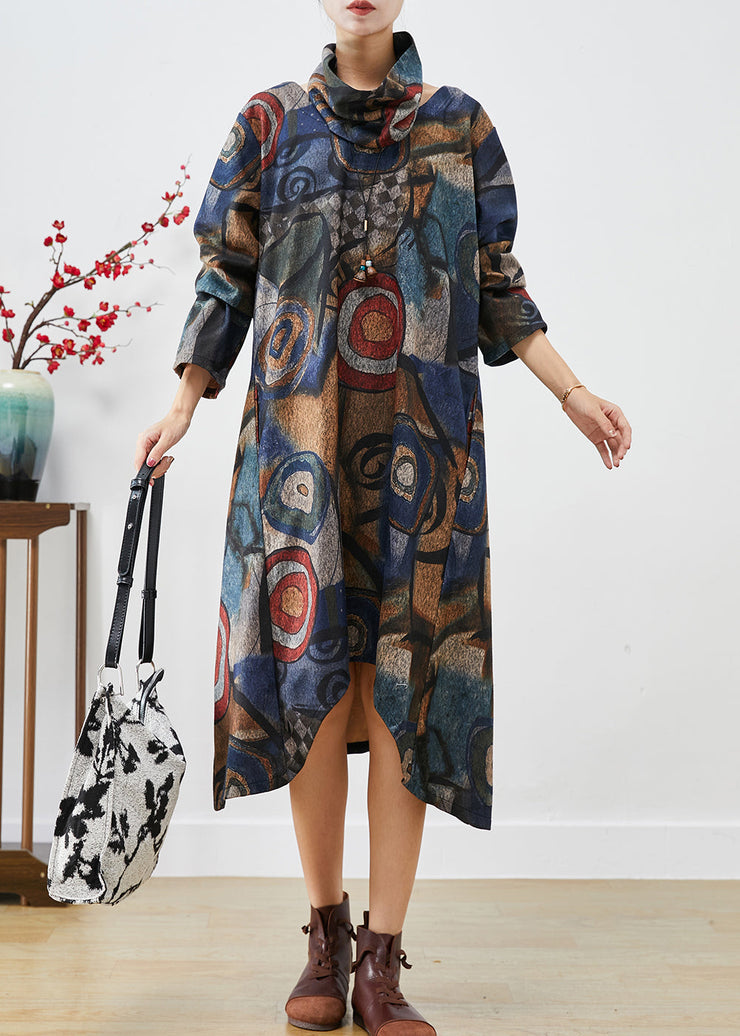 Plus Size Navy Oversized Print Woolen Dress Two Piece Set Fall