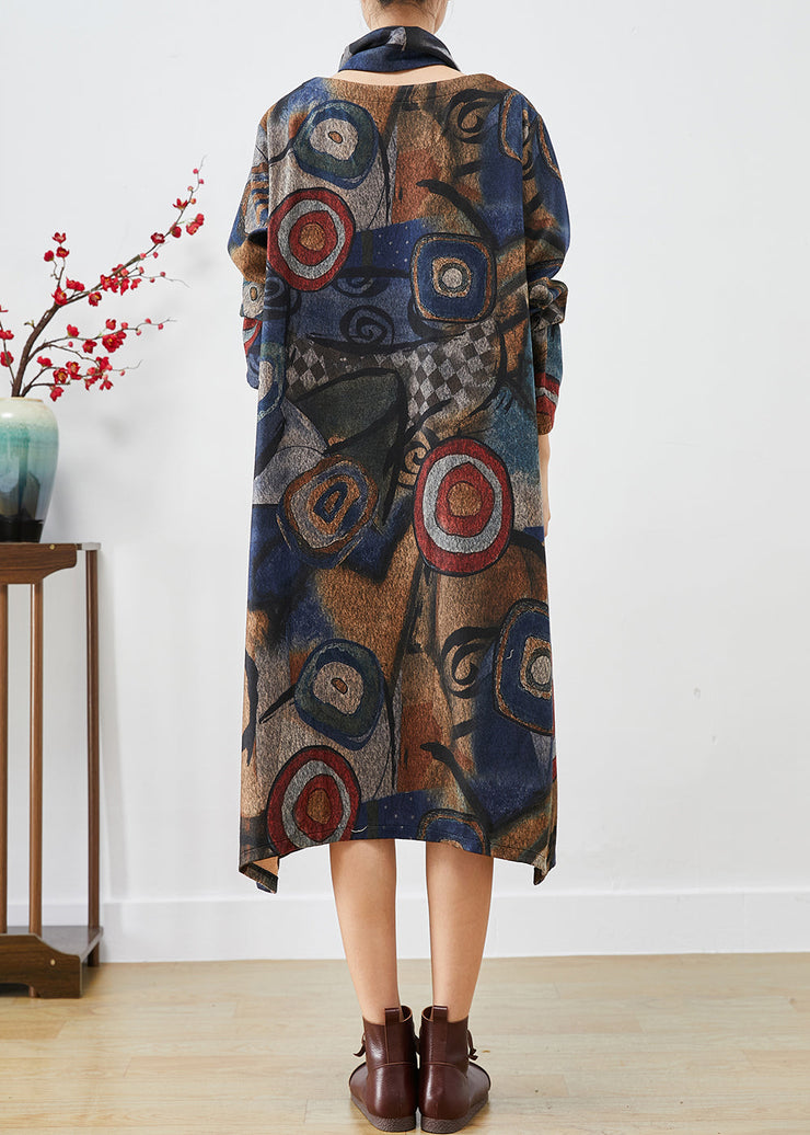 Plus Size Navy Oversized Print Woolen Dress Two Piece Set Fall