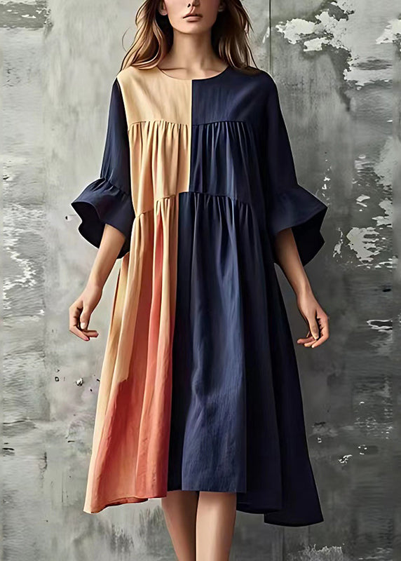 Plus Size Navy Patchwork Wrinkled Cotton Long Dresses Flare Sleeve