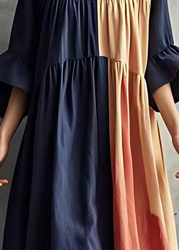 Plus Size Navy Patchwork Wrinkled Cotton Long Dresses Flare Sleeve