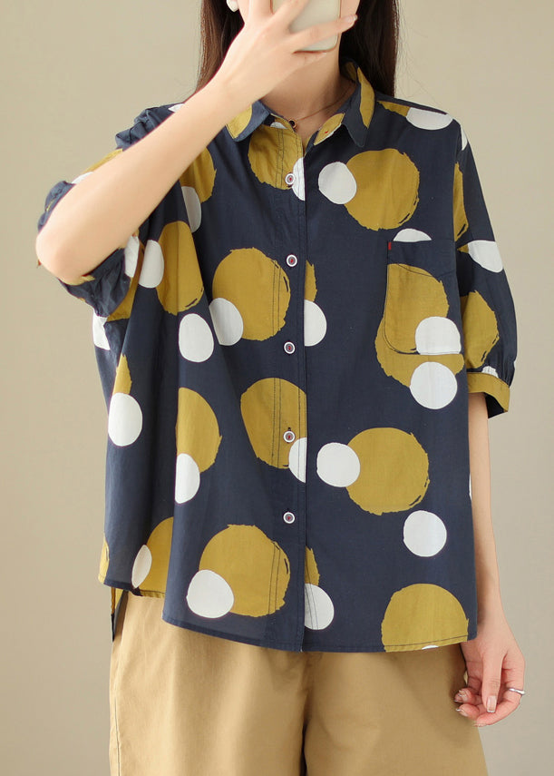 Plus Size Navy Peter Pan Collar Print Cotton Shirt Tops Summer