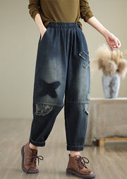 Plus Size Navy Pockets Elastic Waist Denim Pants Fall