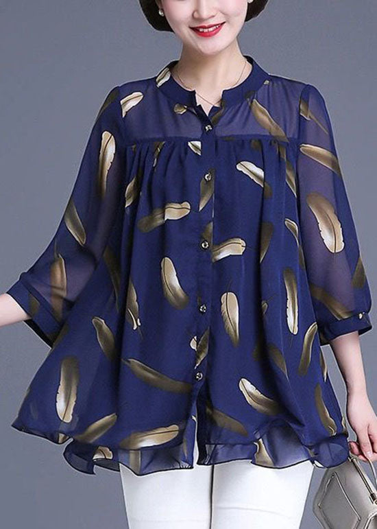 Plus Size Navy Print Wrinkled Patchwork Chiffon Blouse Tops Summer