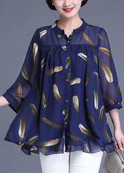 Plus Size Navy Print Wrinkled Patchwork Chiffon Blouse Tops Summer