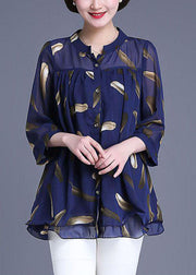 Plus Size Navy Print Wrinkled Patchwork Chiffon Blouse Tops Summer