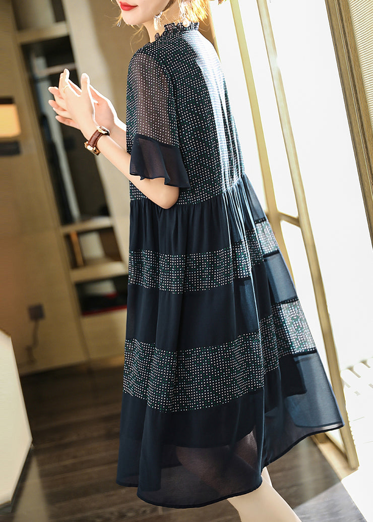 Plus Size Navy Ruffled Print Chiffon Dress Flare Sleeve