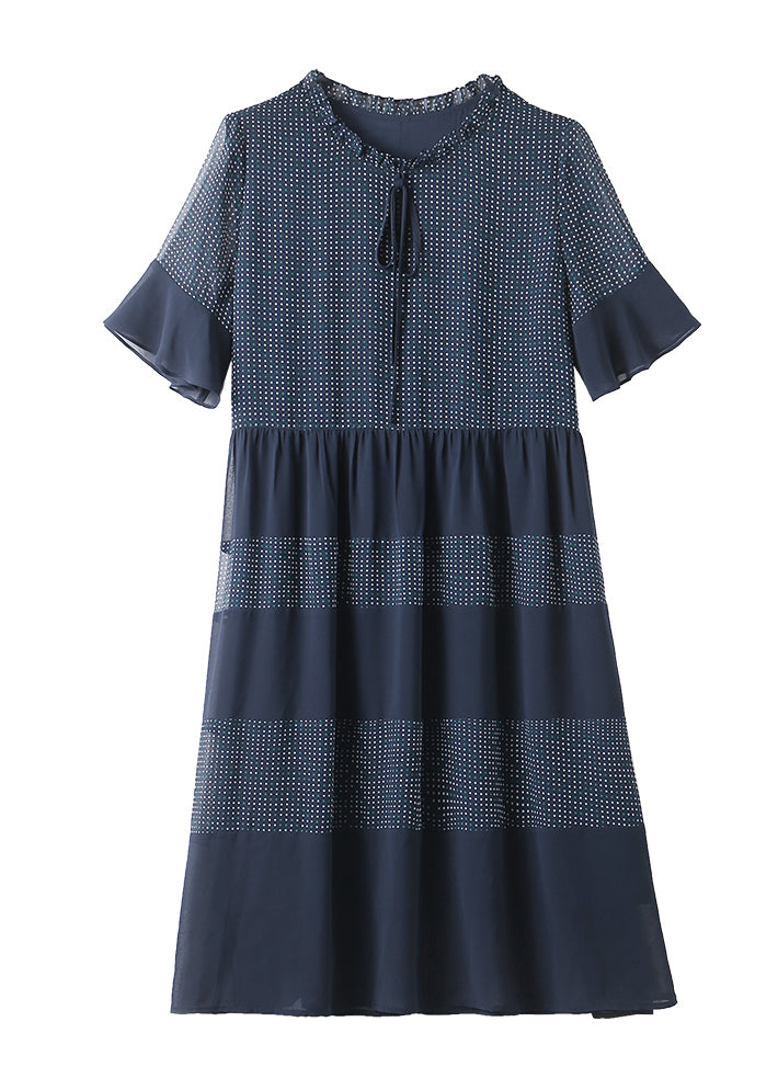 Plus Size Navy Ruffled Print Chiffon Dress Flare Sleeve