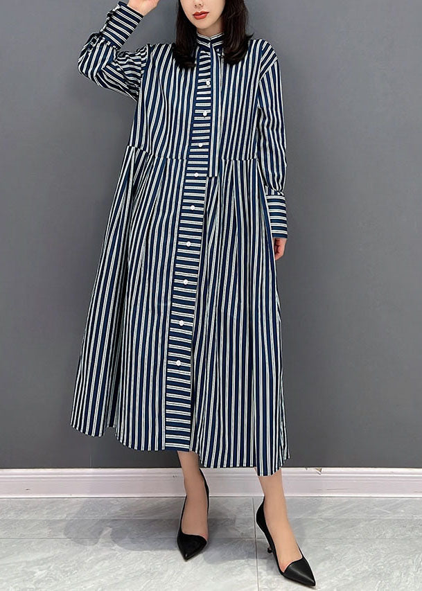 Plus Size Navy Stand Collar Striped Cotton Shirt Dress Fall