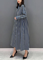 Plus Size Navy Stand Collar Striped Cotton Shirt Dress Fall