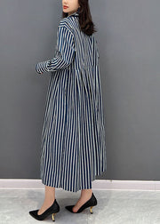 Plus Size Navy Stand Collar Striped Cotton Shirt Dress Fall