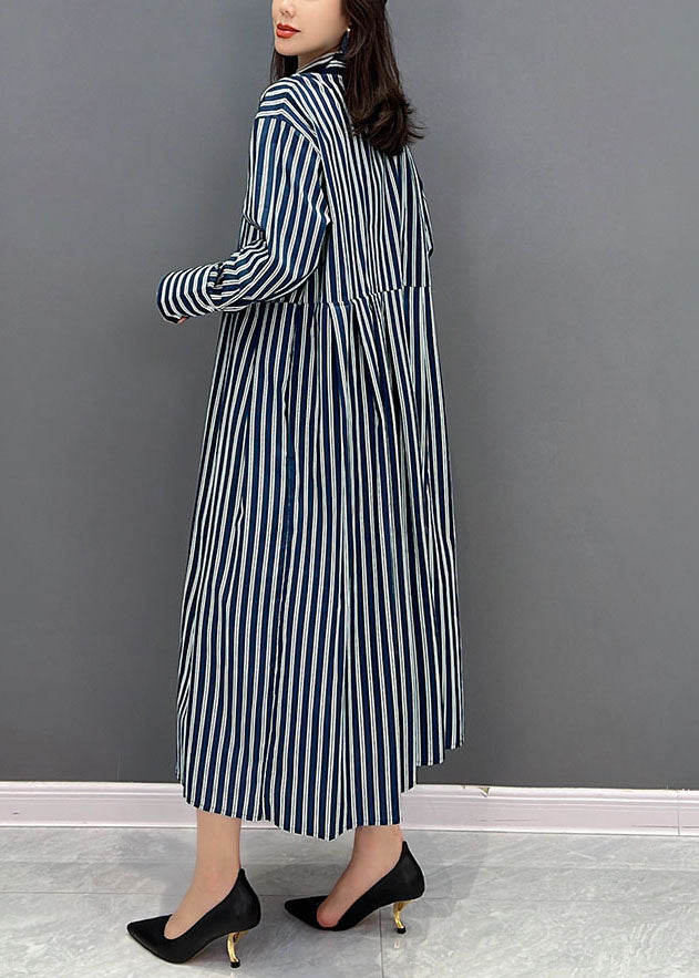 Plus Size Navy Stand Collar Striped Cotton Shirt Dress Fall