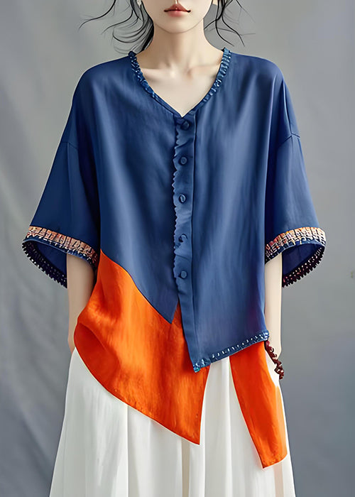 Plus Size Navy V Neck Asymmetrical Patchwork Cotton Top Summer