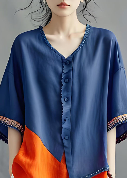 Plus Size Navy V Neck Asymmetrical Patchwork Cotton Top Summer