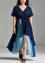 Plus Size Navy V Neck Lace Up Patchwork Long Dresses Summer