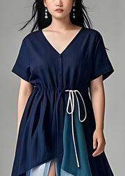 Plus Size Navy V Neck Lace Up Patchwork Long Dresses Summer