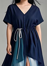 Plus Size Navy V Neck Lace Up Patchwork Long Dresses Summer