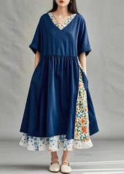 Plus Size Navy V Neck Print Patchwork Cotton Dress Summer