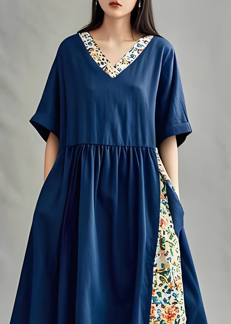 Plus Size Navy V Neck Print Patchwork Cotton Dress Summer