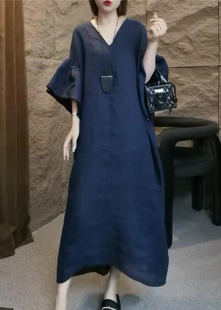 Plus Size Navy V Neck Solid Linen Long Dress Flare Sleeve