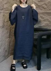 Plus Size Navy V Neck Solid Linen Long Dress Flare Sleeve