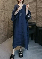 Plus Size Navy V Neck Solid Linen Long Dress Flare Sleeve