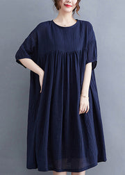 Plus Size Navy Wrinkled Exra Large Hem Cotton Vacation Dress Summer