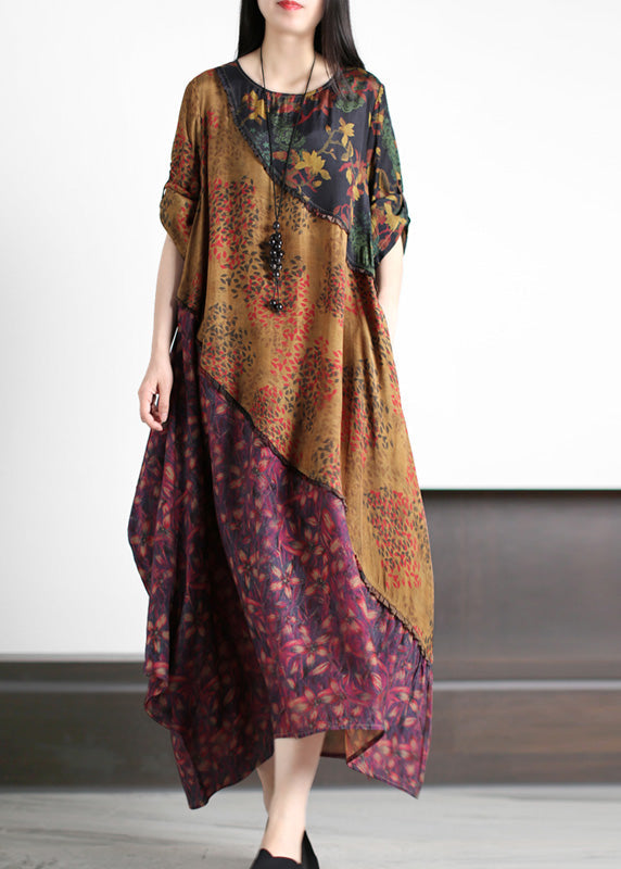 Plus Size O-Neck Asymmetrical Print Silk Long Dresses Spring