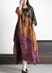 Plus Size O-Neck Asymmetrical Print Silk Long Dresses Spring