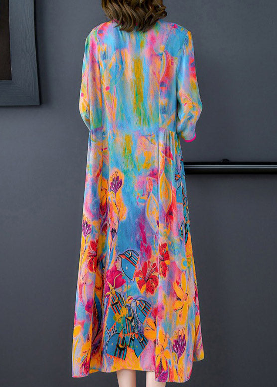 Plus Size O-Neck Print Silk Dress Long Sleeve