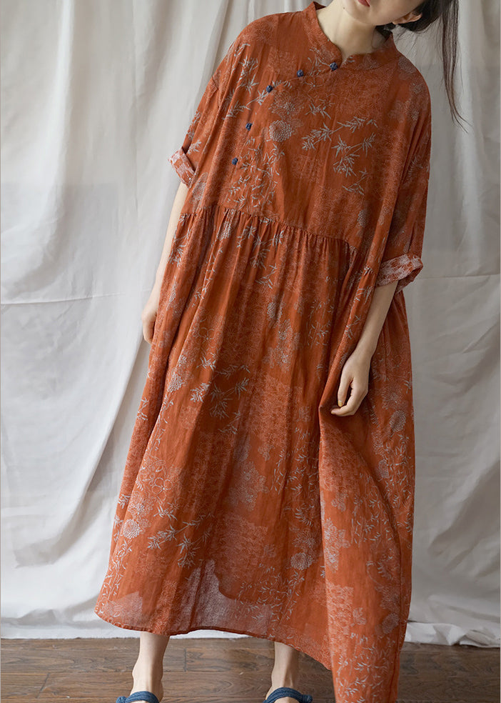 Plus Size Orange Button wrinkled Cotton Long Dress Half Sleeve