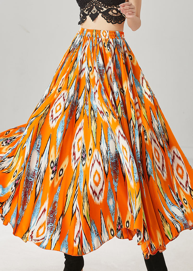 Plus Size Orange Elastic Waist Print Chiffon Skirt Spring