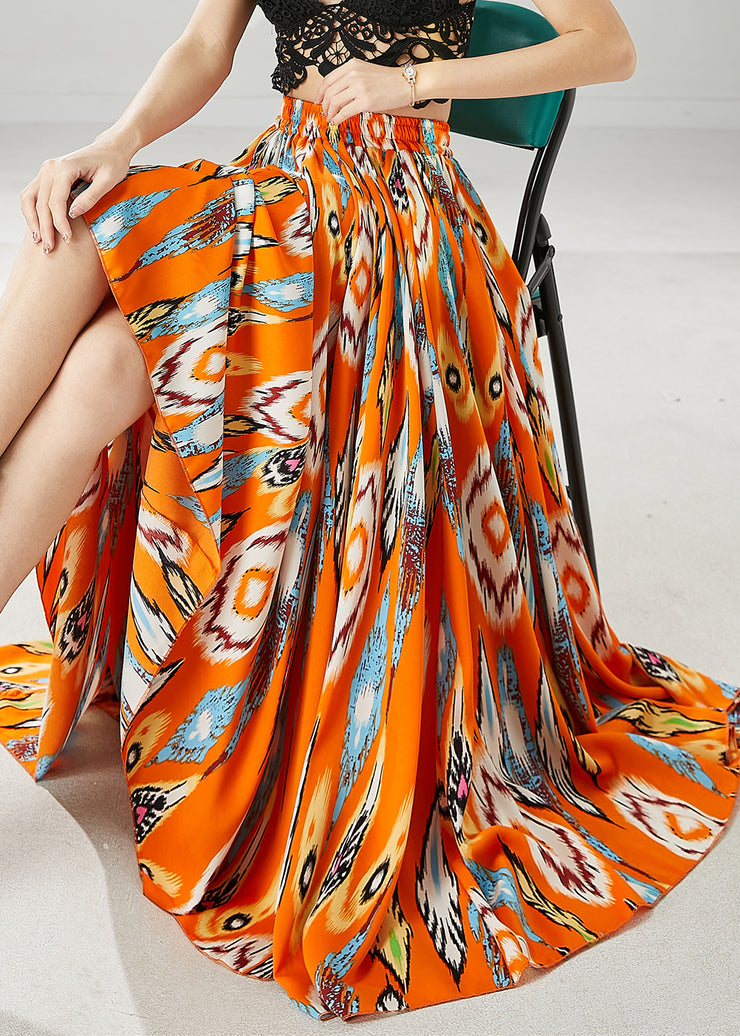Plus Size Orange Elastic Waist Print Chiffon Skirt Spring