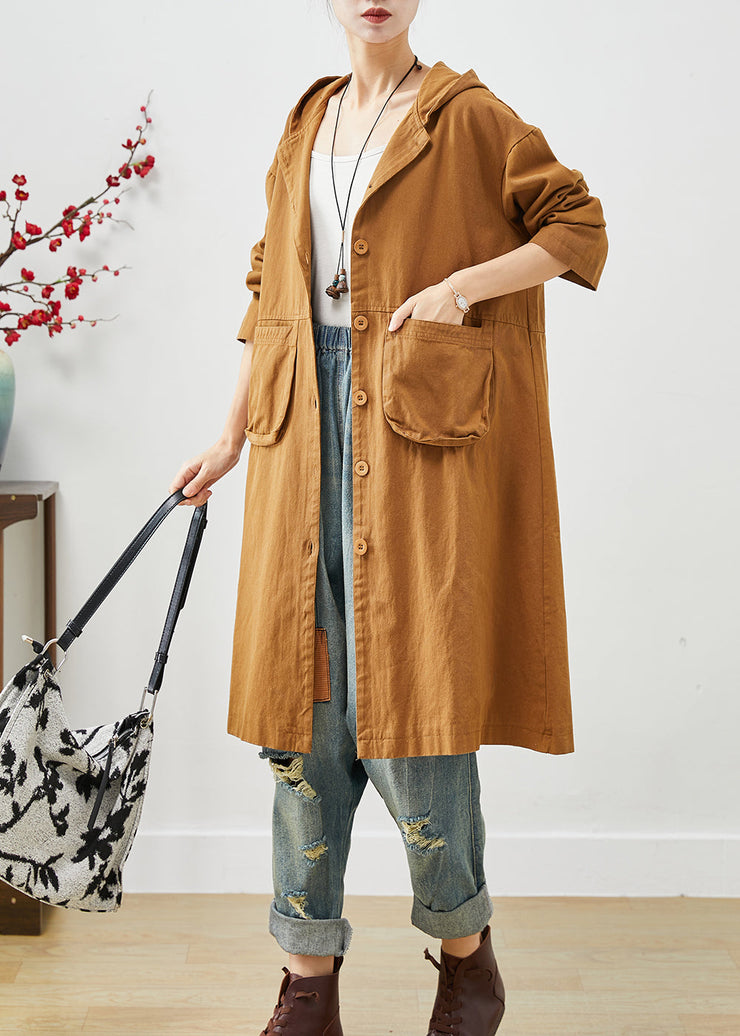 Plus Size Orange Hooded Pockets Cotton Coat Outwear Spring