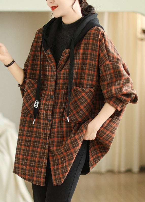 Plus Size Orange Hooded Pockets Plaid Warm Fleece Jacket Winter