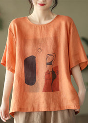 Plus Size Orange O-Neck Patchwork Linen Top Short Sleeve