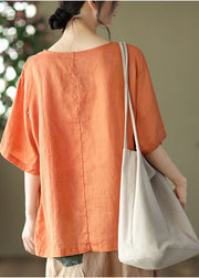 Plus Size Orange O-Neck Patchwork Linen Top Short Sleeve