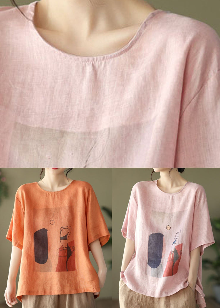 Plus Size Orange O-Neck Patchwork Linen Top Short Sleeve