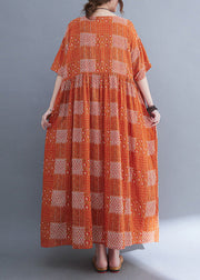 Plus Size Orange O-Neck Patchwork Wrinkled Party Maxi Dress Summer