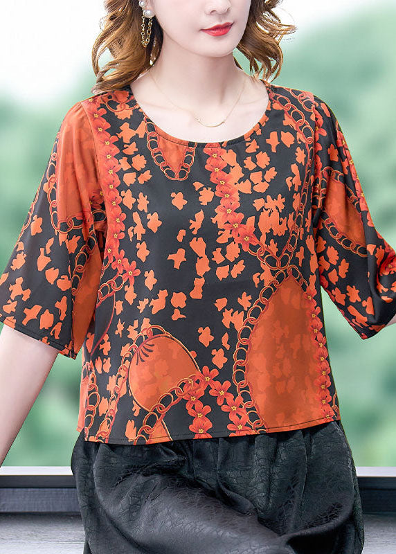 Plus Size Orange O-Neck Print Silk Shirt Top Short Sleeve