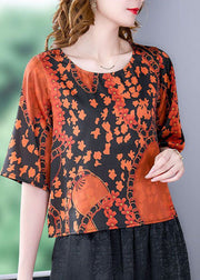 Plus Size Orange O-Neck Print Silk Shirt Top Short Sleeve