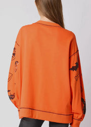 Plus Size Orange O Neck Sequins Cotton Sweatshirts Fall