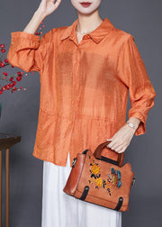 Plus Size Orange Oversized Patchwork Linen Silk Shirt Top Fall