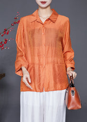 Plus Size Orange Oversized Patchwork Linen Silk Shirt Top Fall