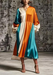 Plus Size Orange Oversized Patchwork Silk Vacation Dresses Spring