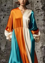 Plus Size Orange Oversized Patchwork Silk Vacation Dresses Spring