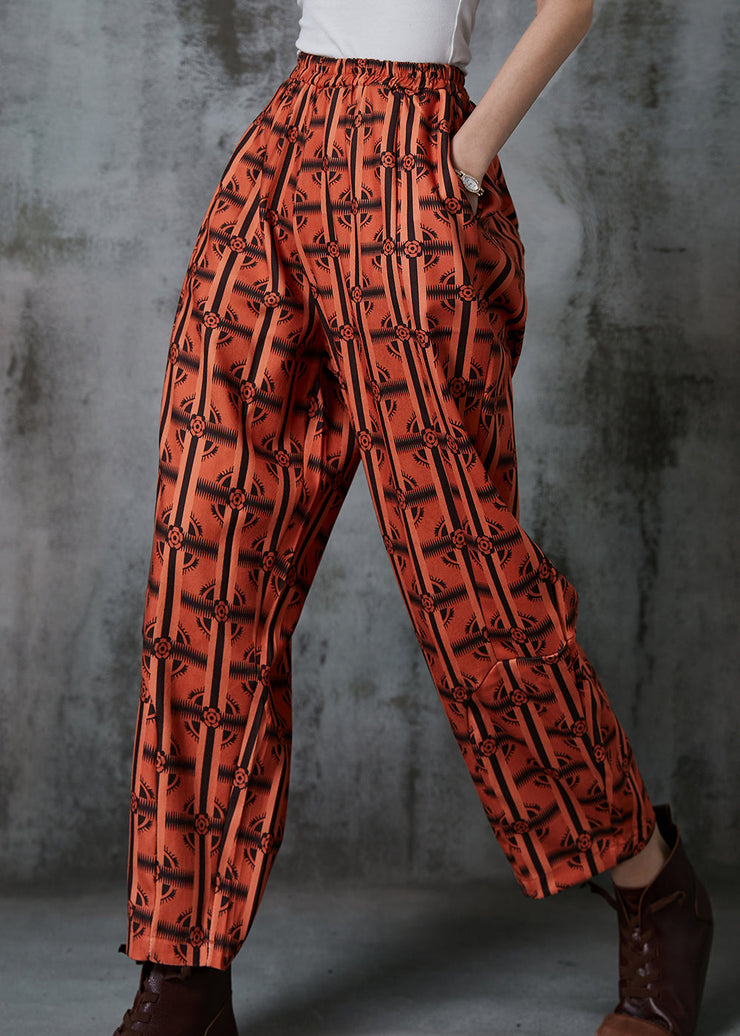 Plus Size Orange Oversized Print Cotton Pants Summer