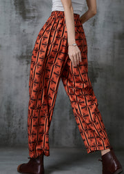 Plus Size Orange Oversized Print Cotton Pants Summer