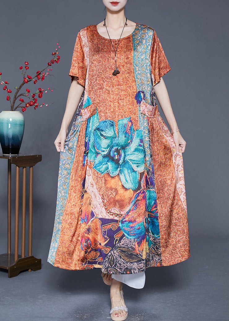 Plus Size Orange Oversized Print Pockets Silk Vacation Dresses Summer